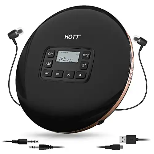HOTT CD611 CD Player Portable Anti-Shock Personal Portable CD Player with Headphones USB AUX Output for Car Travel Home - Black
