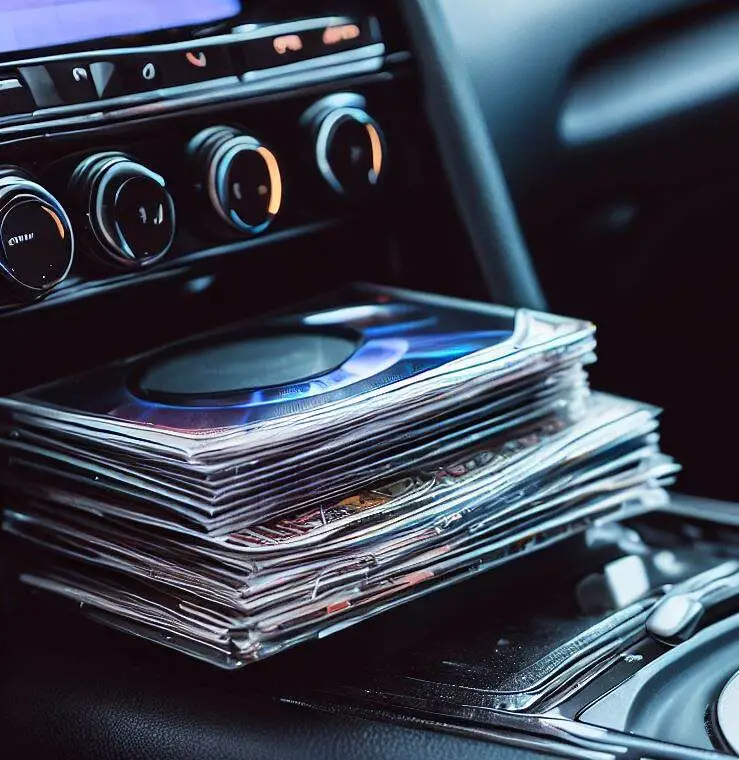 car with a stack of CDs inside